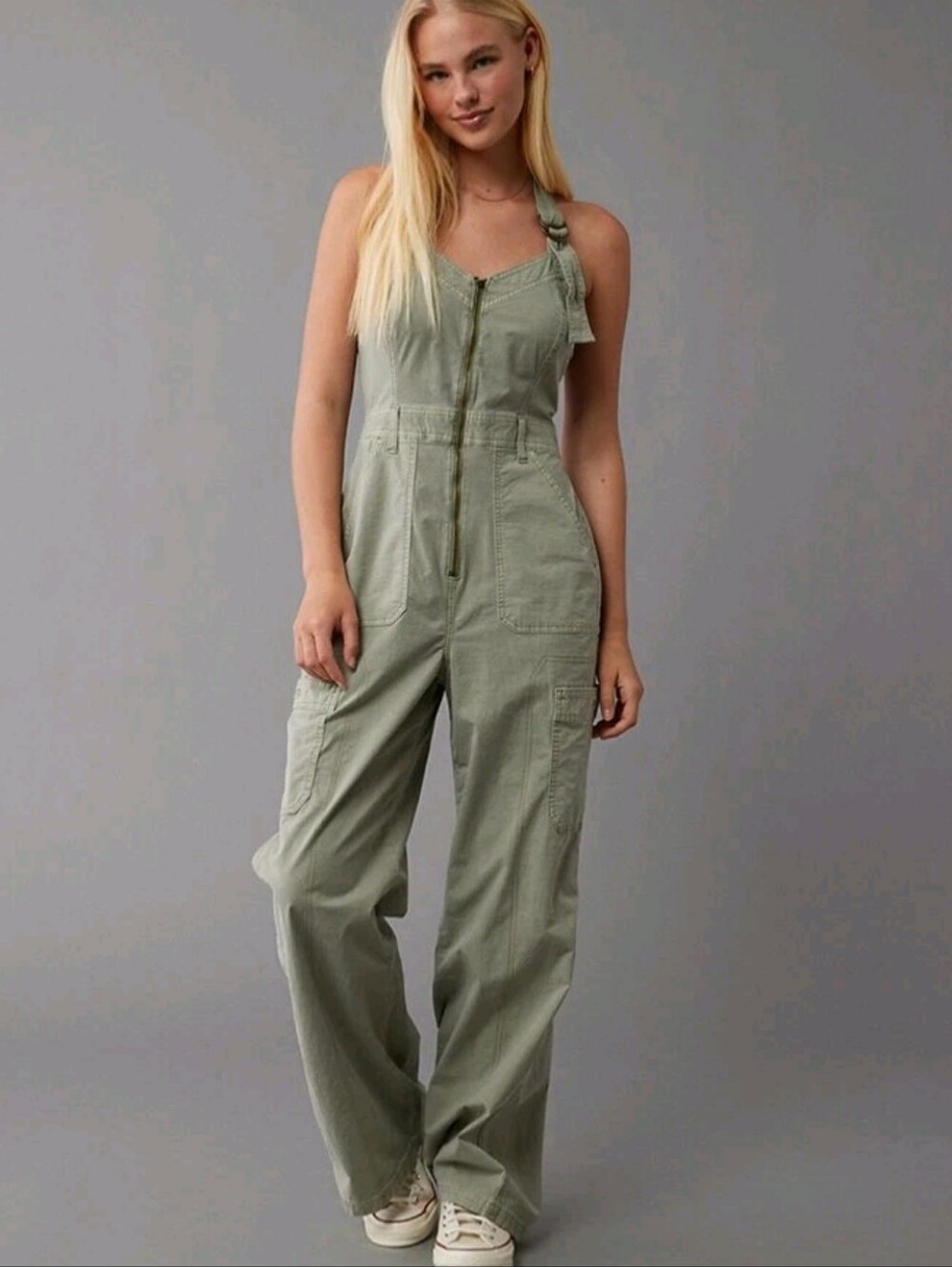American Eagle Snappy Stretch Poplin Cargo Halter Jumpsuit Medium Faded Olive